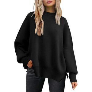 Womens Oversized Batwing Sweater Crewneck Knit Side Slit Pullover Fall Top